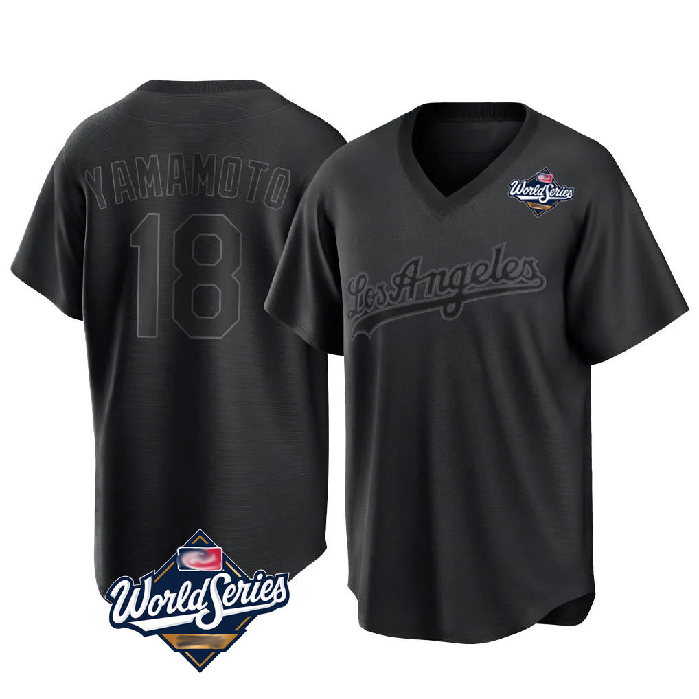 Ndoa LA.Dodgers #18 Yoshinobu Yamamoto Player Black World Series Pitch Fashion T-shirt Stitched Jerseys