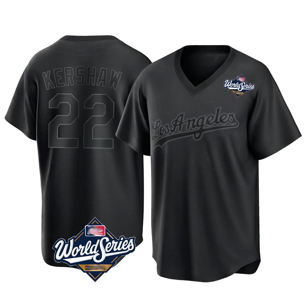 Ndoa LA.Dodgers #22 Clayton Kershaw Player Black World Series Pitch Fashion T-shirt Stitched Jerseys