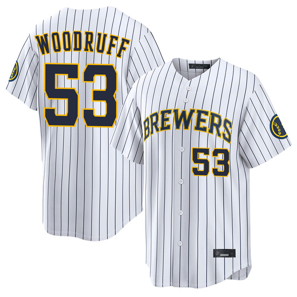 Ndoa M.Brewers #53 Brandon Woodruff Player White Stripes Home Limited Game Stitched Jerseys