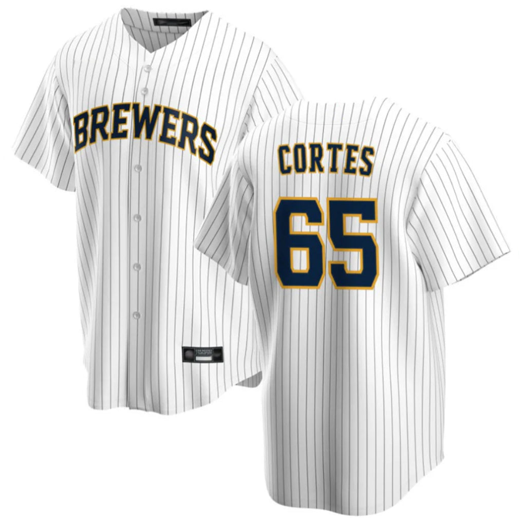 Ndoa M.Brewers #65 Nestor Cortes Player White Stripes Home Game Stitched Jerseys