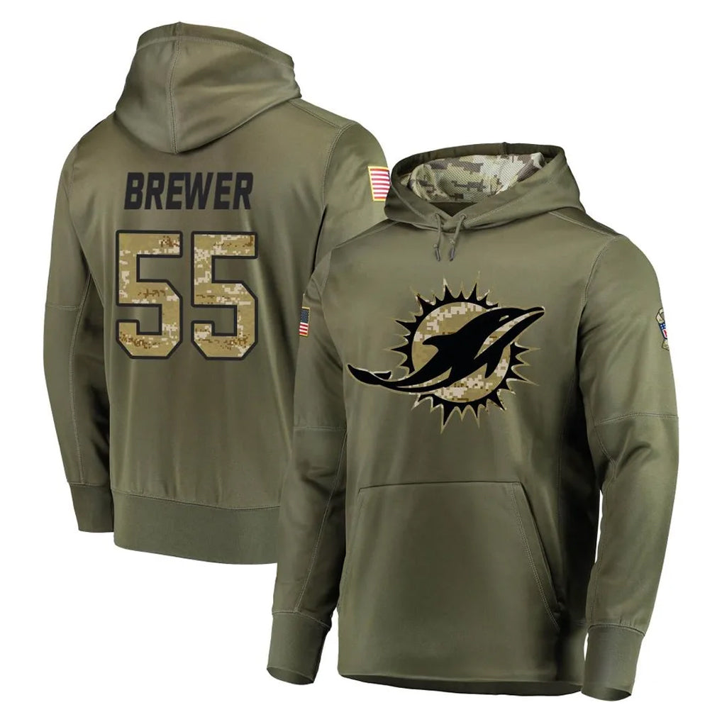 Ndoa M.Dolphins #55 Aaron Brewer Player Olive Salute to Service Pullover Hoodies Home Game Stitched Jerseys