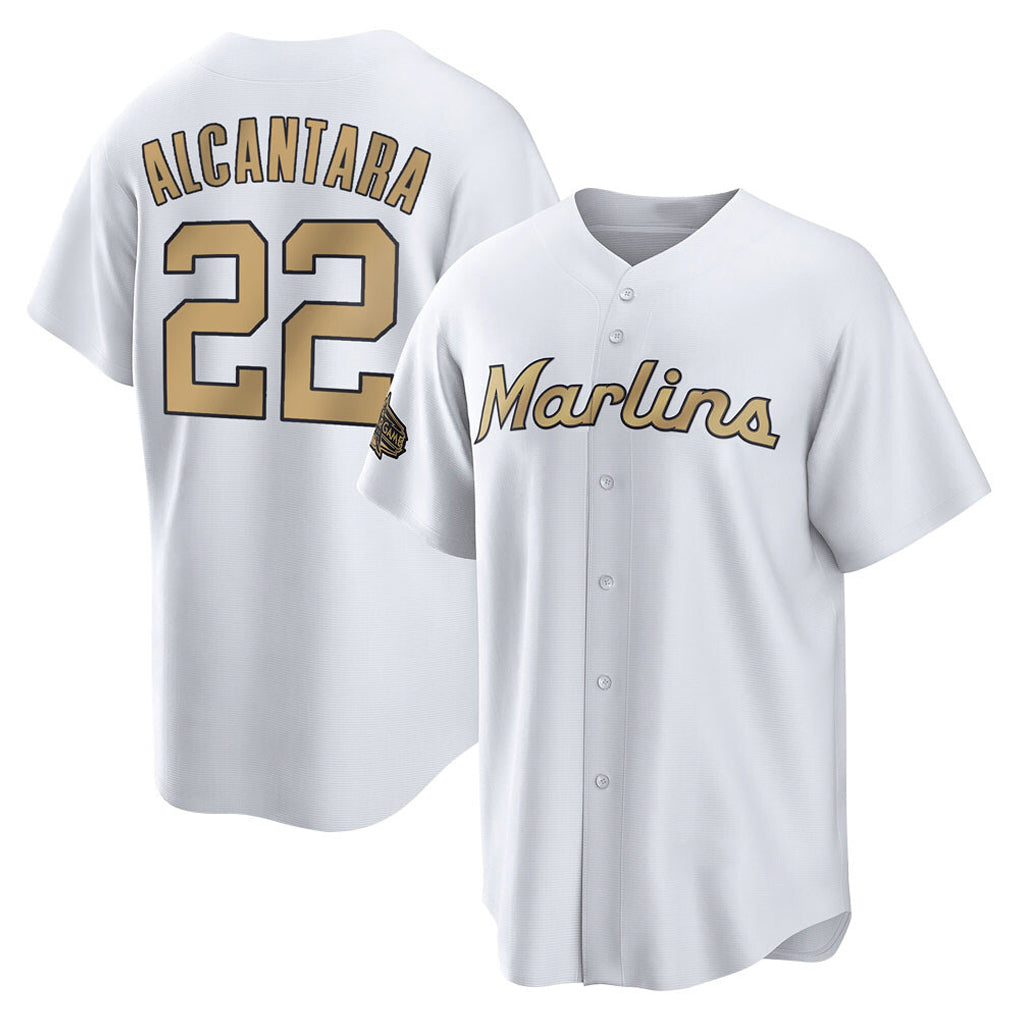 Ndoa M.Marlins #22 Sandy Alcantara Player Gold Home Game Stitched Jerseys