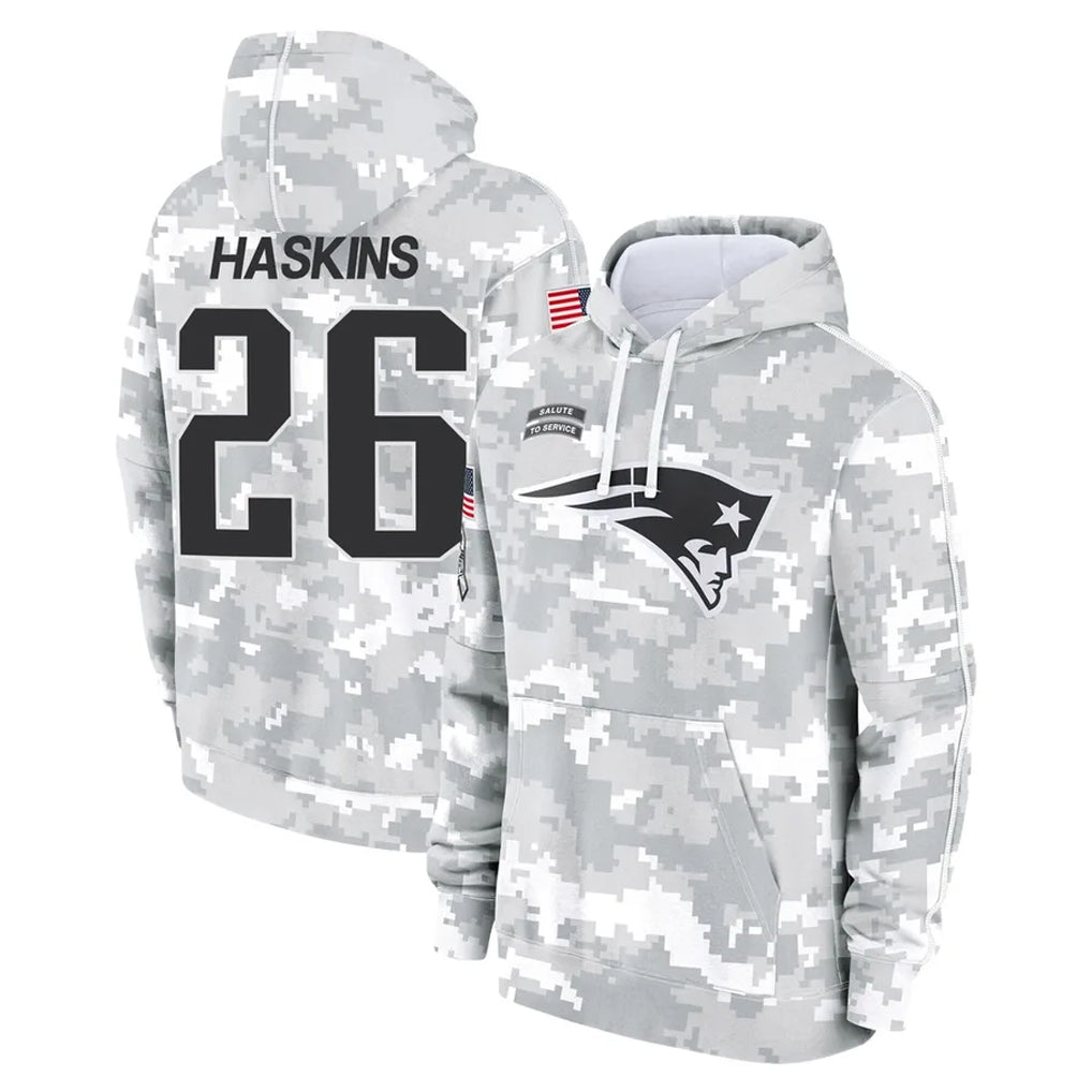 Ndoa NE.Patriots #26 Hassan Haskins Player Arctic Camo Salute to Service Pullover Hoodies Limited Game Stitched Jerseys