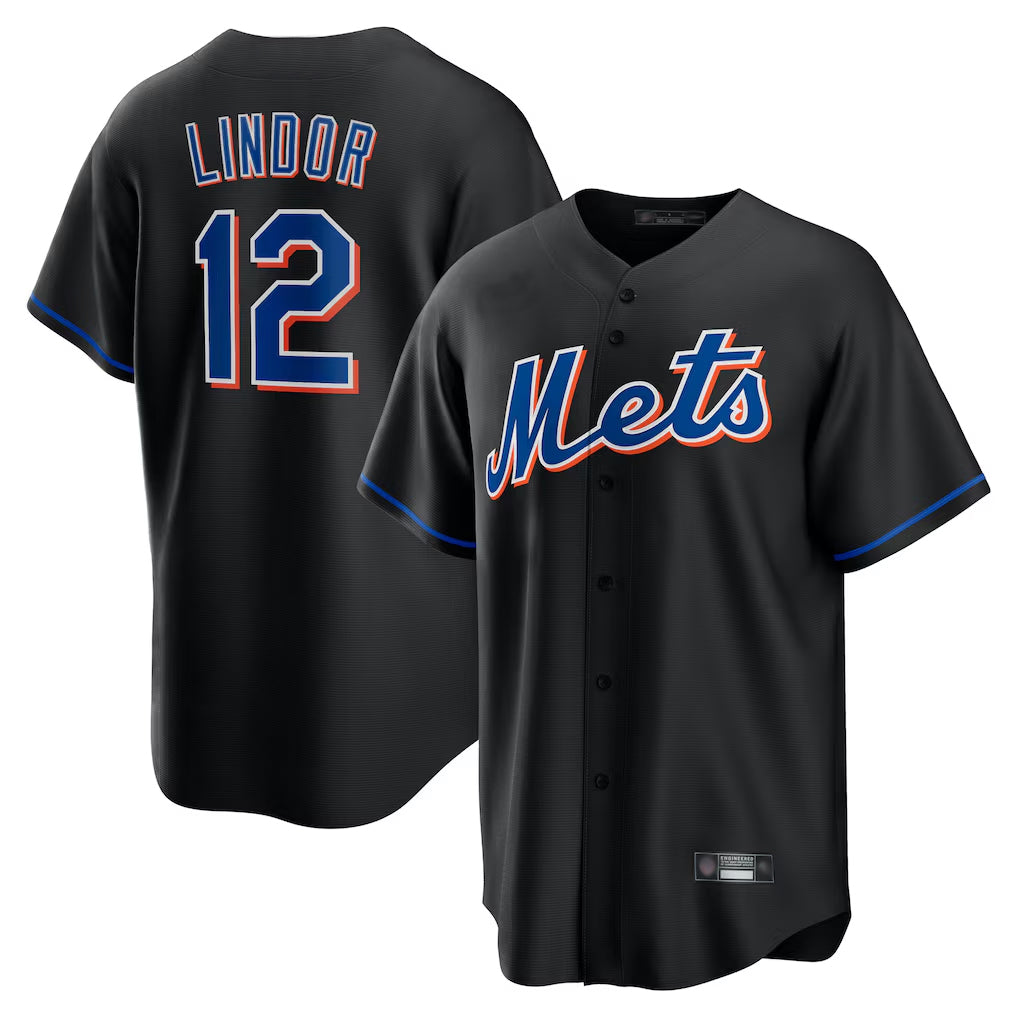 Ndoa NY.Mets #12 Francisco Lindor Player Black Replica Home Game Stitched Jerseys