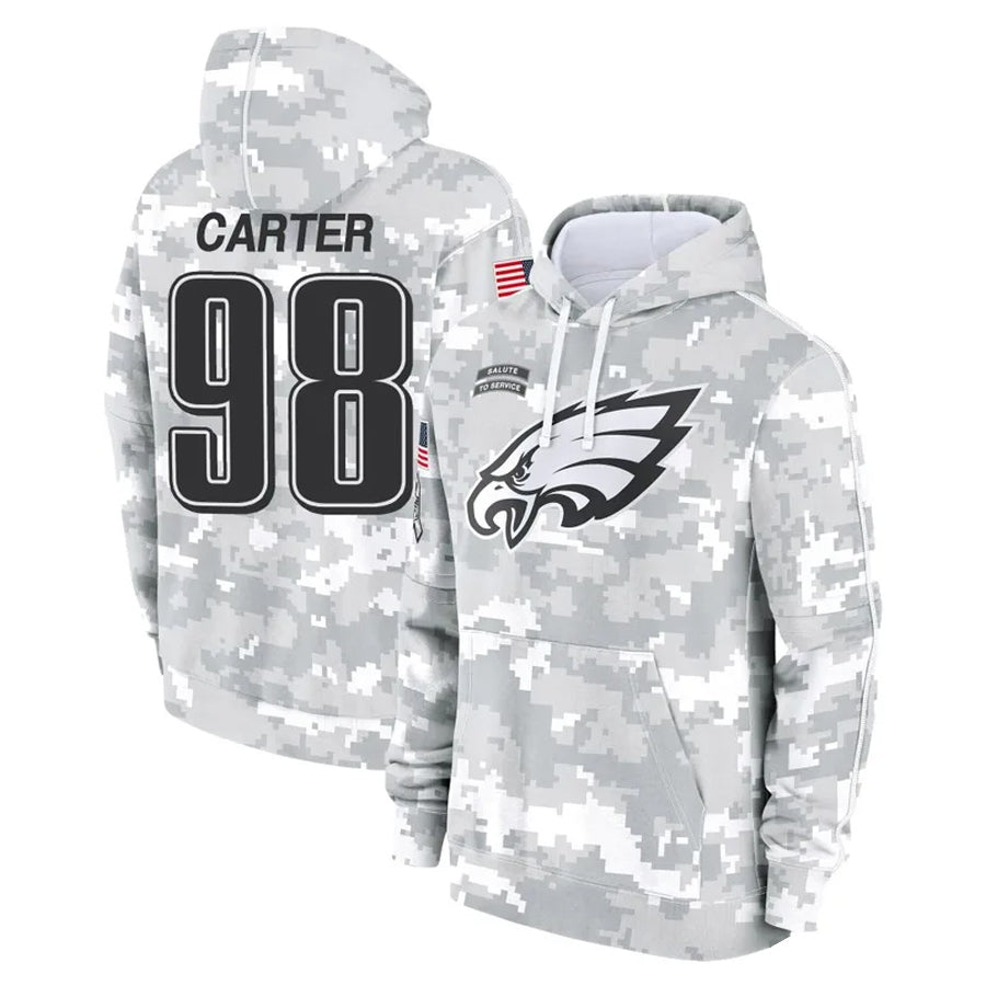 Ndoa P.Eagles #98 Jalen Carter Player Military Hoodie Arctic Camo Salute To Service Stitched Jerseys