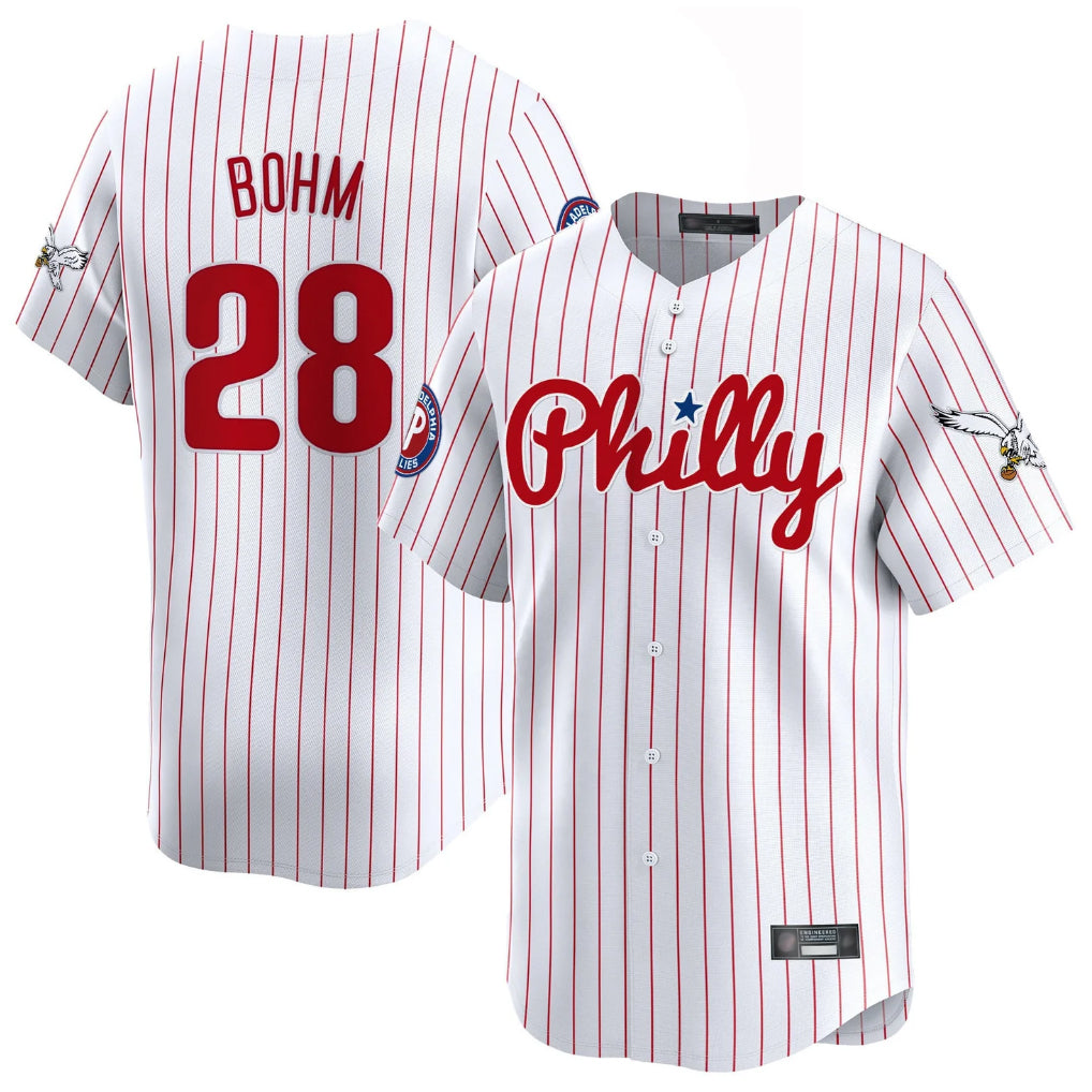 Ndoa P.Phillies #28 Alec Bohm Player White Pinstripe Phillies & Eagles Vapor Premier Limited Stitched Jerseys