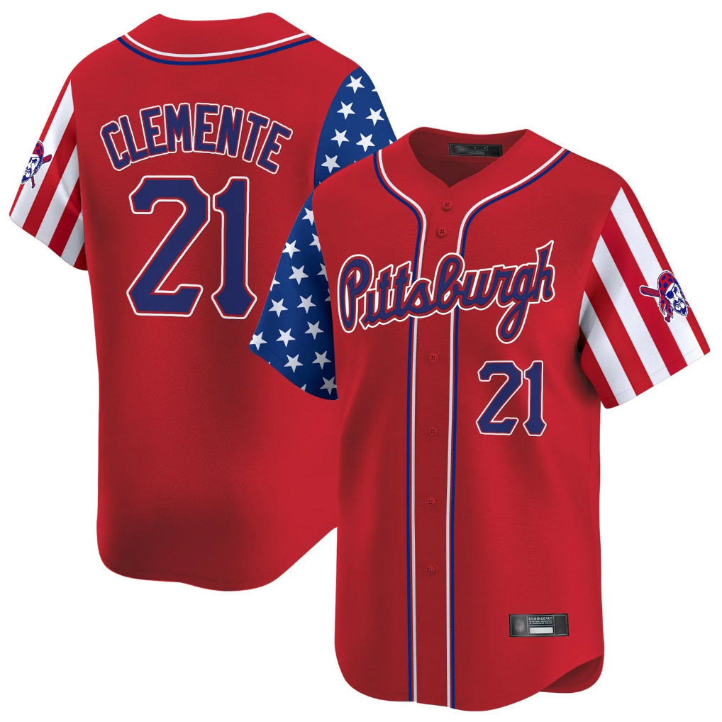 Ndoa P.Pirates #21 Roberto Clemente Player Red 2025 Independence Day Vapor Premier Limited Stitched Jerseys