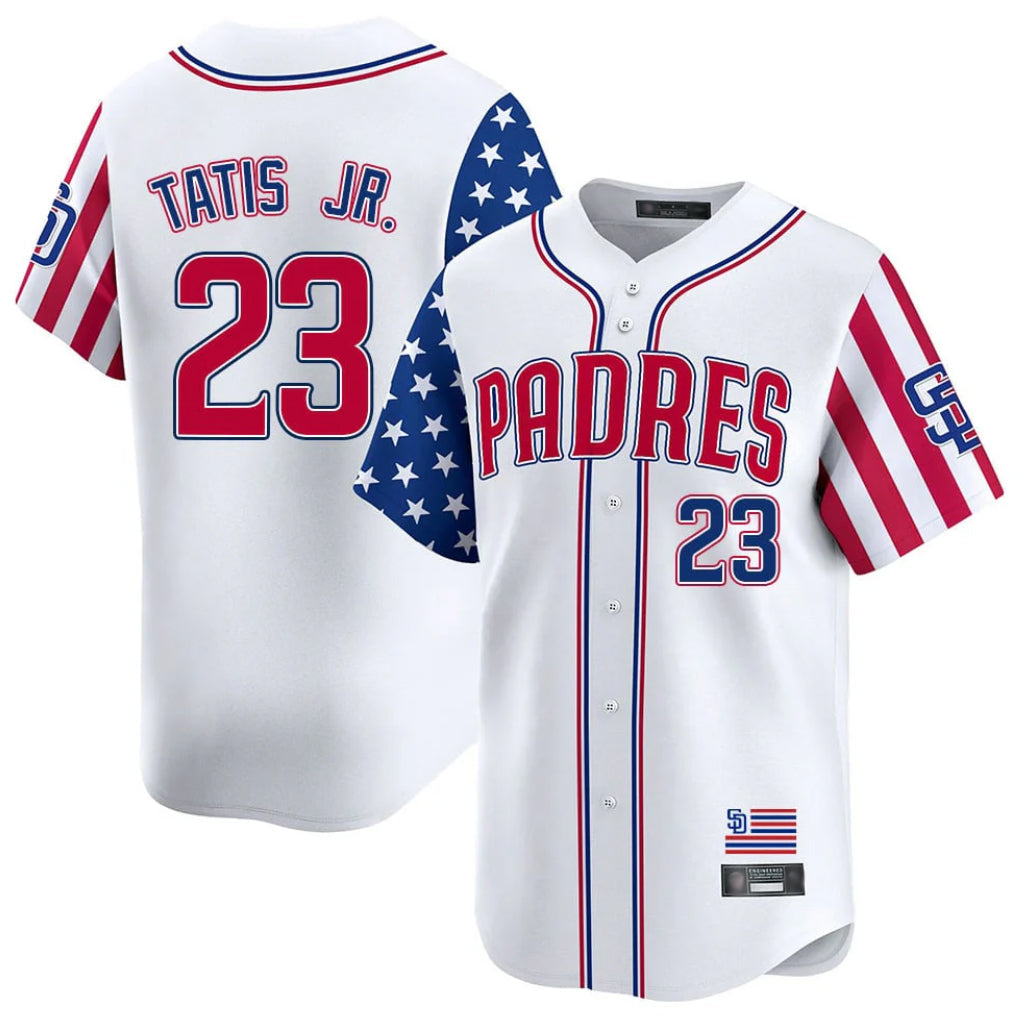 Ndoa S.Diego Padres #23 Fernando Tatis Jr Player White Independence Day Home Limited Stitched Jerseys
