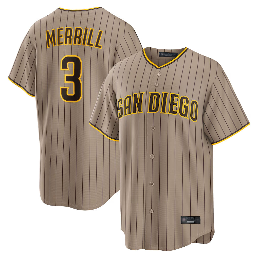 Ndoa S.Diego Padres #3 Jackson Merrill Player Khaki Home Game Stitched Jerseys