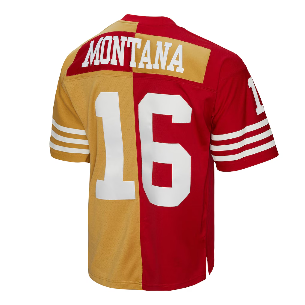 Ndoa SF.49ers #16 Joe Montana Mitchell & Ness ScarletGold 1990 Split Legacy Replica Jersey