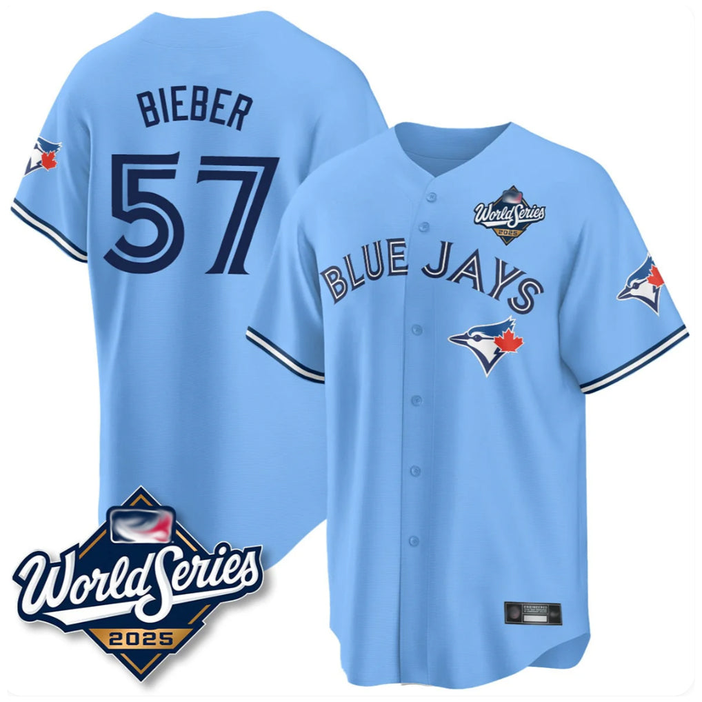 Ndoa T.Blue Jays #57 Shane Bieber Player Blue 2025 World Series All Stitched Jerseys