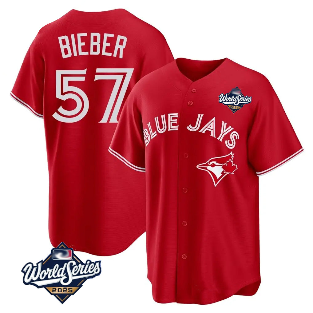 Ndoa T.Blue Jays #57 Shane Bieber Player Red 2025 World Series All Stitched Jerseys