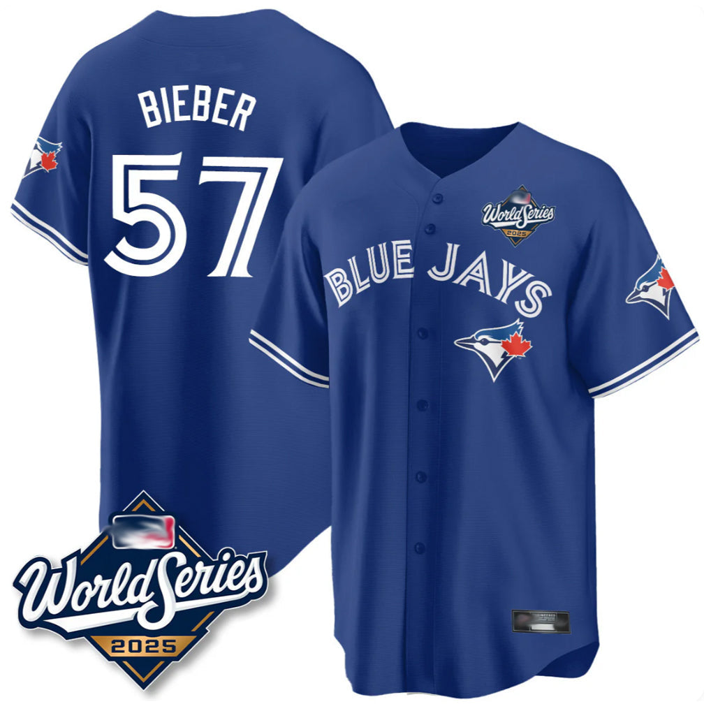 Ndoa T.Blue Jays #57 Shane Bieber Player Royal 2025 World Series All Stitched Jerseys