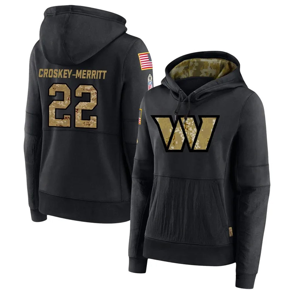 Ndoa W.Commanders #22 Jacory Croskey-Merritt Player Black Salute to Service Hoodies Stitched Jerseys