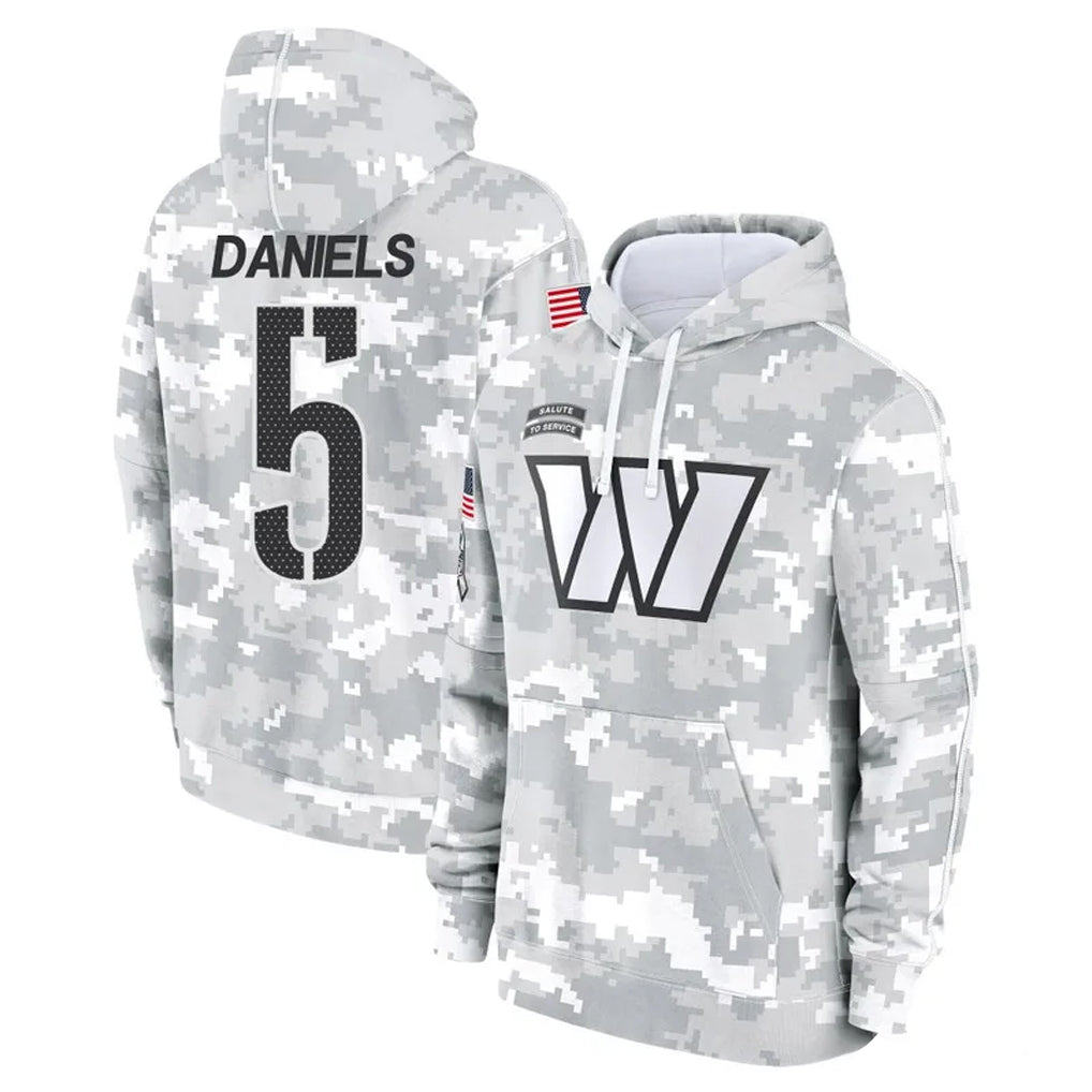 Ndoa W.Commanders #5 Jayden Daniels Player Arctic Camo Limited Salute to Service Pullover Hoodies Game Stitched Jerseys