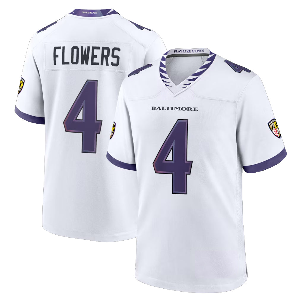 B.Ravens #4 Zay Flowers Player White Home Game Ndoa Stitched Jerseys