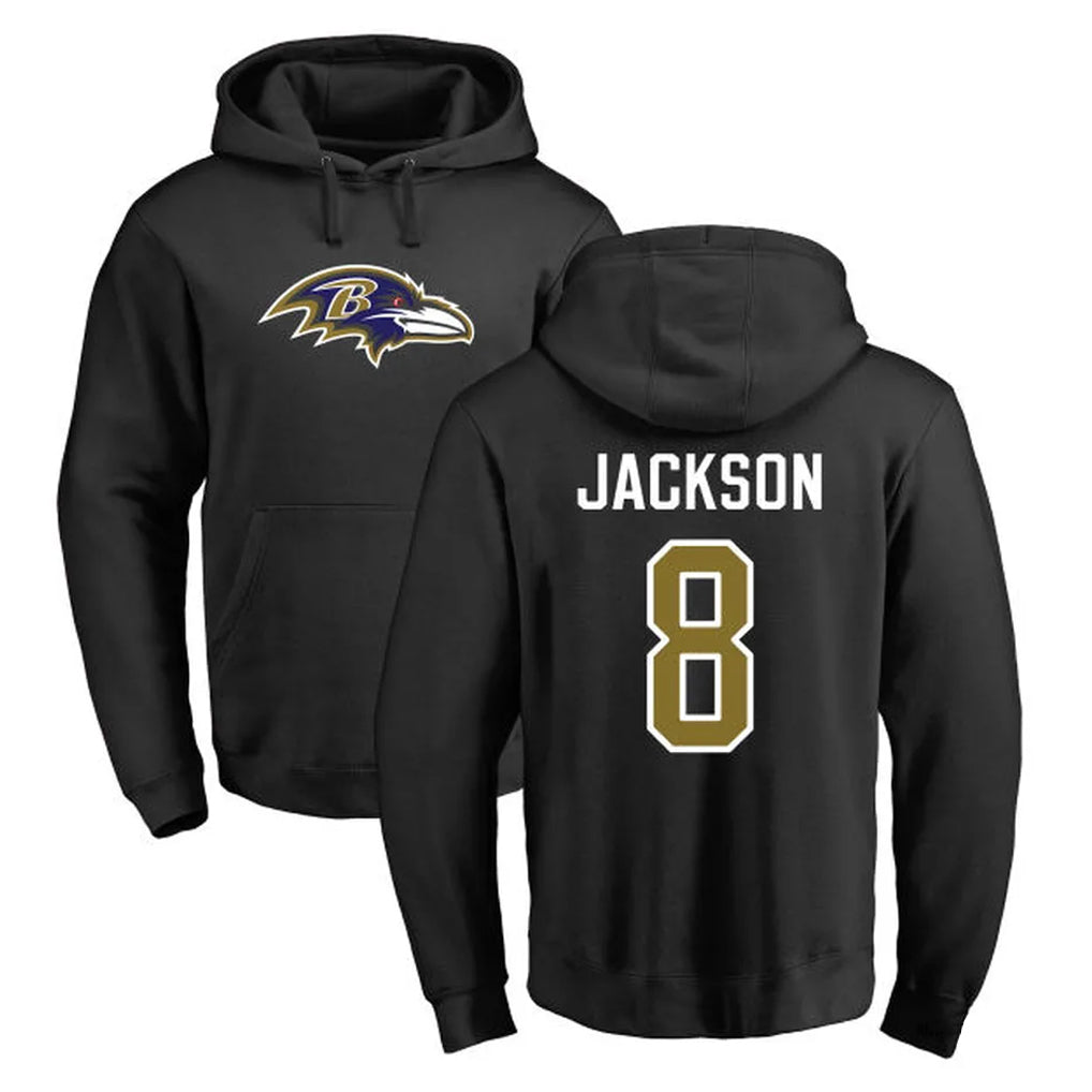 B.Ravens #8 Lamar Jackson Player Black Pullover Hoodie Ndoa Stitched Jerseys