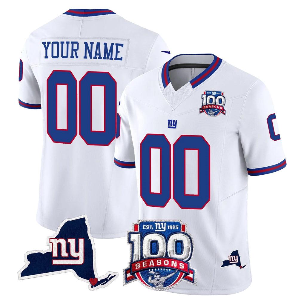 Custom NY.Giants White 100th Season & State Patch Vapor Limited Home Game Any Name & Numbers Ndoa Stitched Jerseys