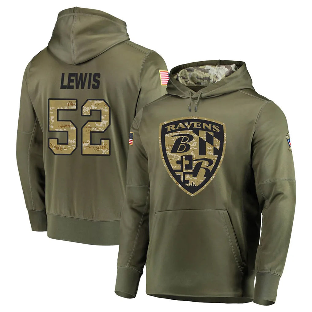 B.Ravens #52 Ray Lewis Player Olive Salute to Service Pullover Hoodie Ndoa Stitched Jerseys