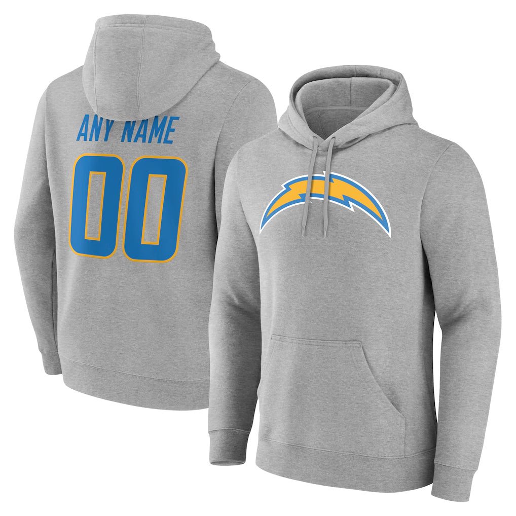 Custom LA.Chargers Gray LOGO Pullover Hoodies Home Game Any Name & Numbers Ndoa Stitched Jerseys