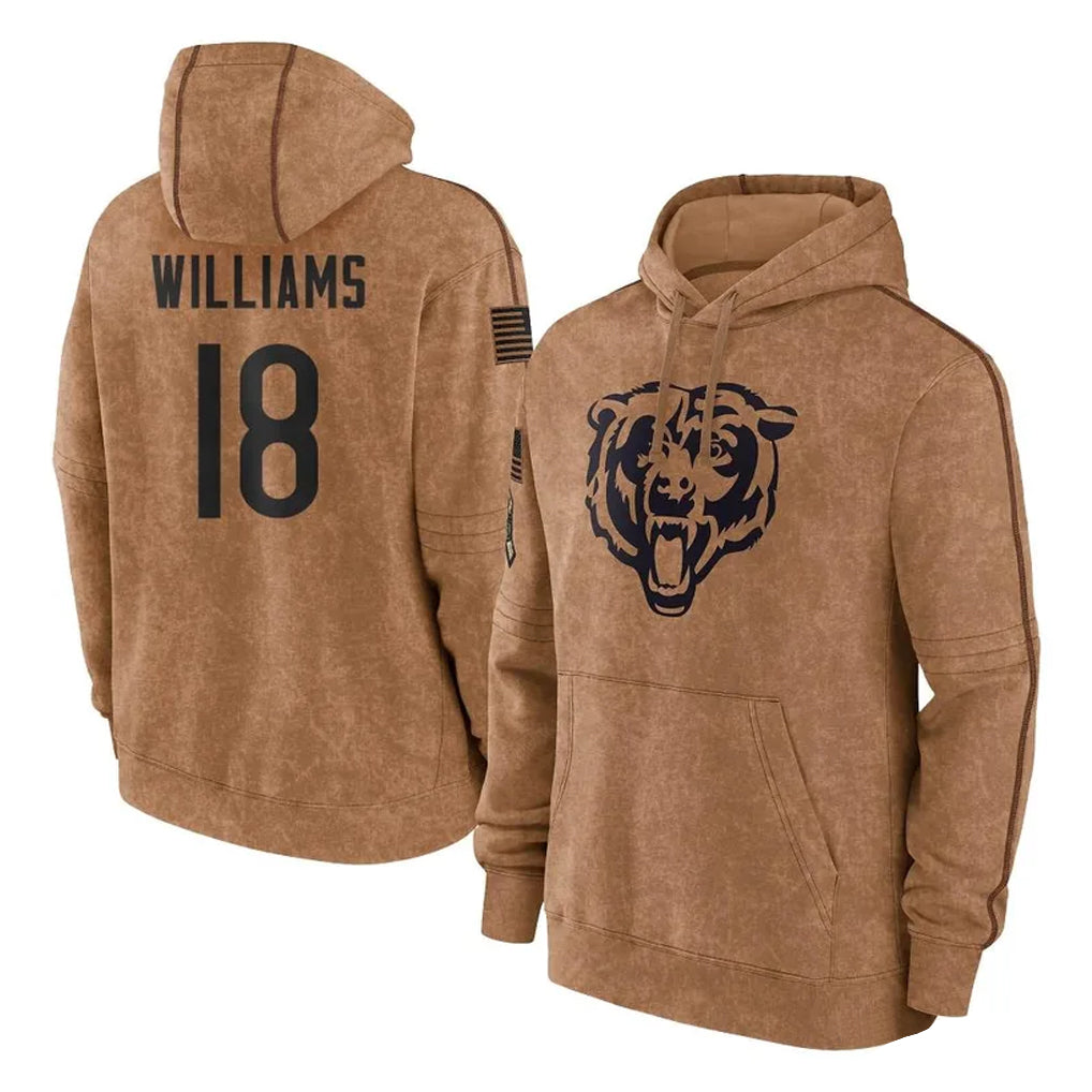 C.Bears #18 Caleb Williams Player Brown Salute to Service Pullover Hoodies Limited Ndoa Stitched Jerseys