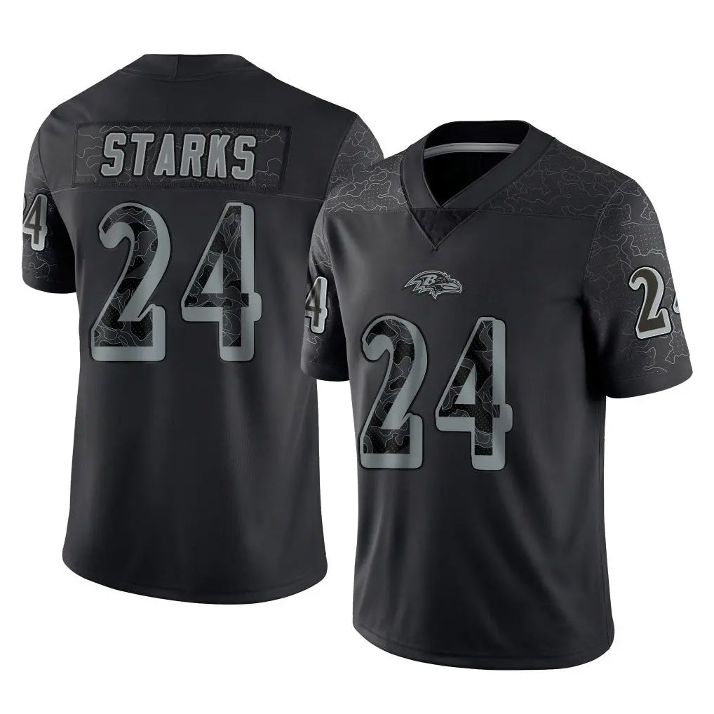B.Ravens #24 Malaki Starks Player Black REFLECTIVE Limited Ndoa Stitched Jerseys