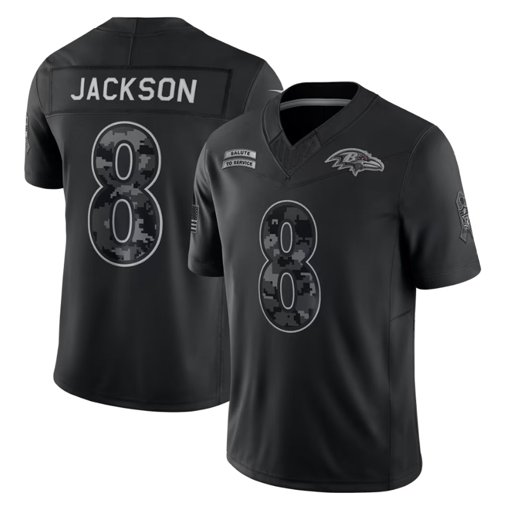 Ndoa B.Ravens #8 Lamar Jackson Player Black Limited 2026 Salute to Service Home Game Stitched Jerseys