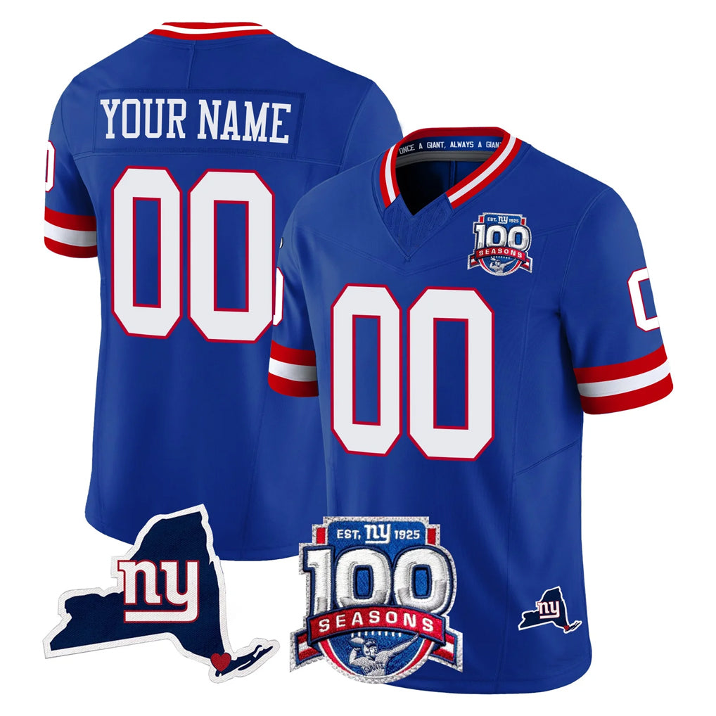 Custom NY.Giants Royal 100th Season & State Patch Vapor Limited Home Game Any Name & Numbers Ndoa Stitched Jerseys
