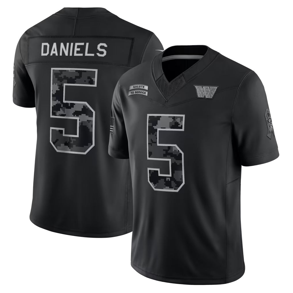 W.Commanders #5 Jayden Daniels Player Black Limited 2026 Salute to Service Home Game Ndoa Stitched Jerseys