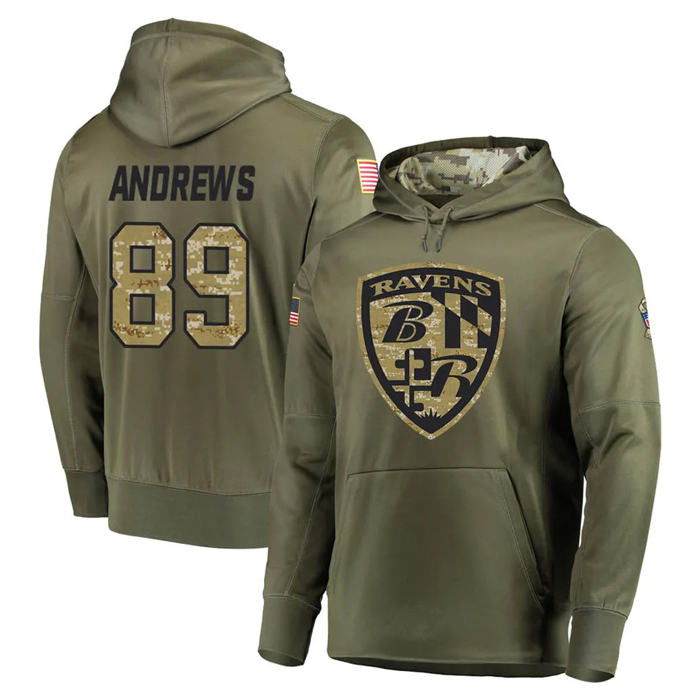 B.Ravens #89 Mark Andrews Ioane Player Olive Salute to Service Pullover Hoodie Ndoa Stitched Jerseys