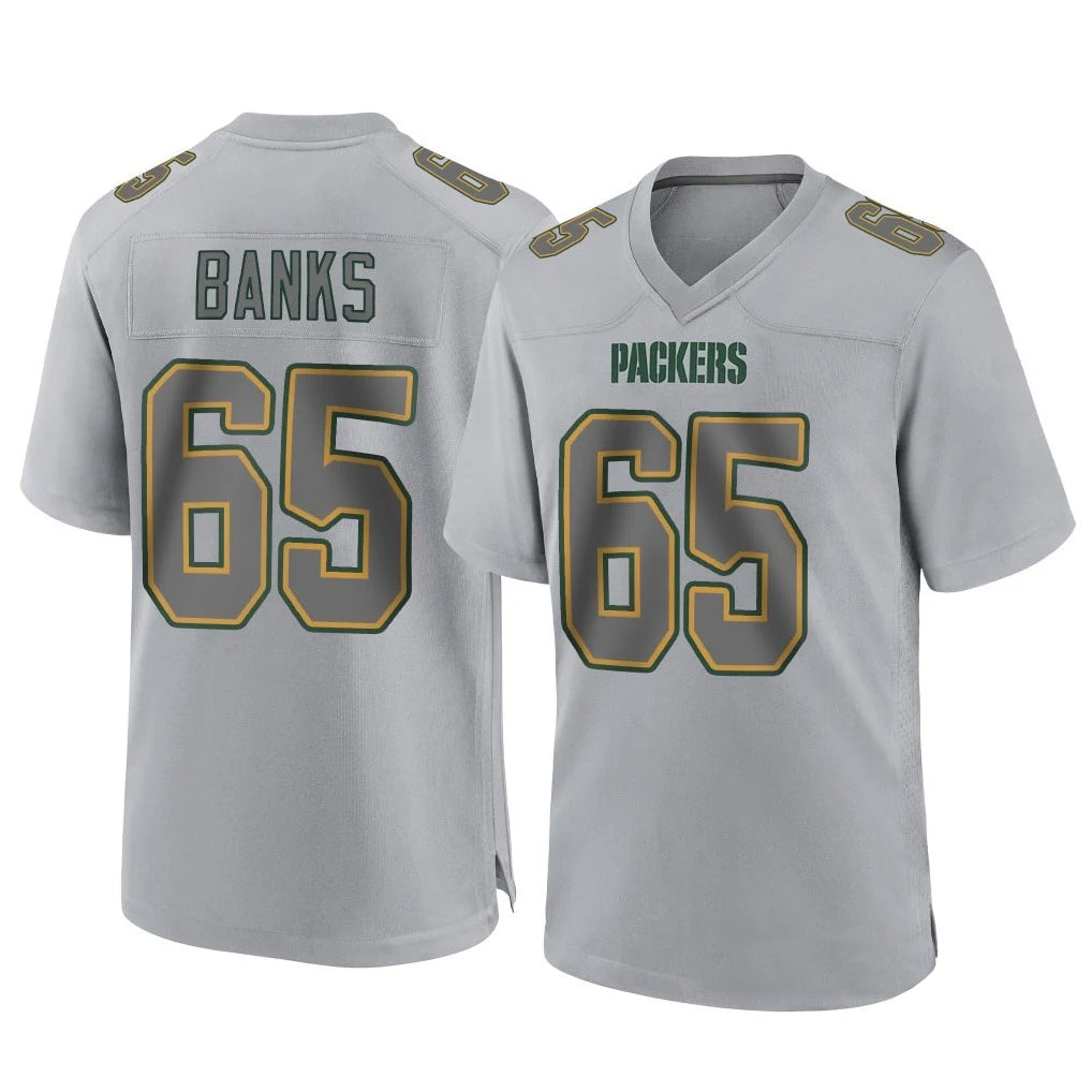 GB.Packers #65 Aaron Banks Player Gray Atmosphere Fashion Home Game Ndoa Stitched Jerseys
