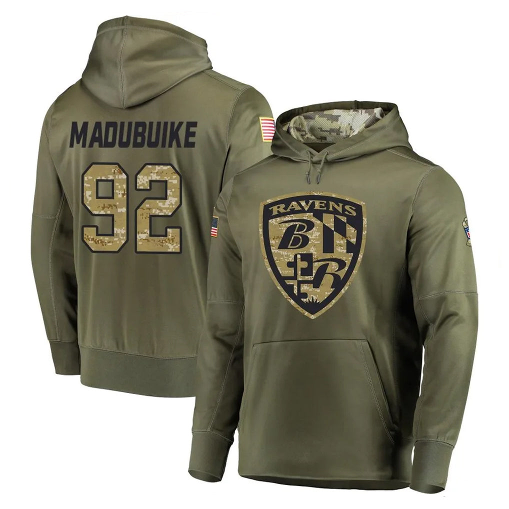 B.Ravens #92 Nnamdi Madubuike Player Olive Salute to Service Pullover Hoodie Ndoa Stitched Jerseys