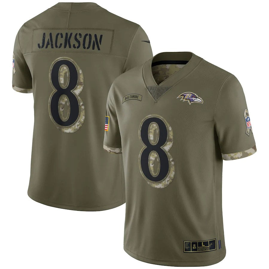 B.Ravens #8 Lamar Jackson Player Olive Salute To Service Ndoa Stitched Jerseys