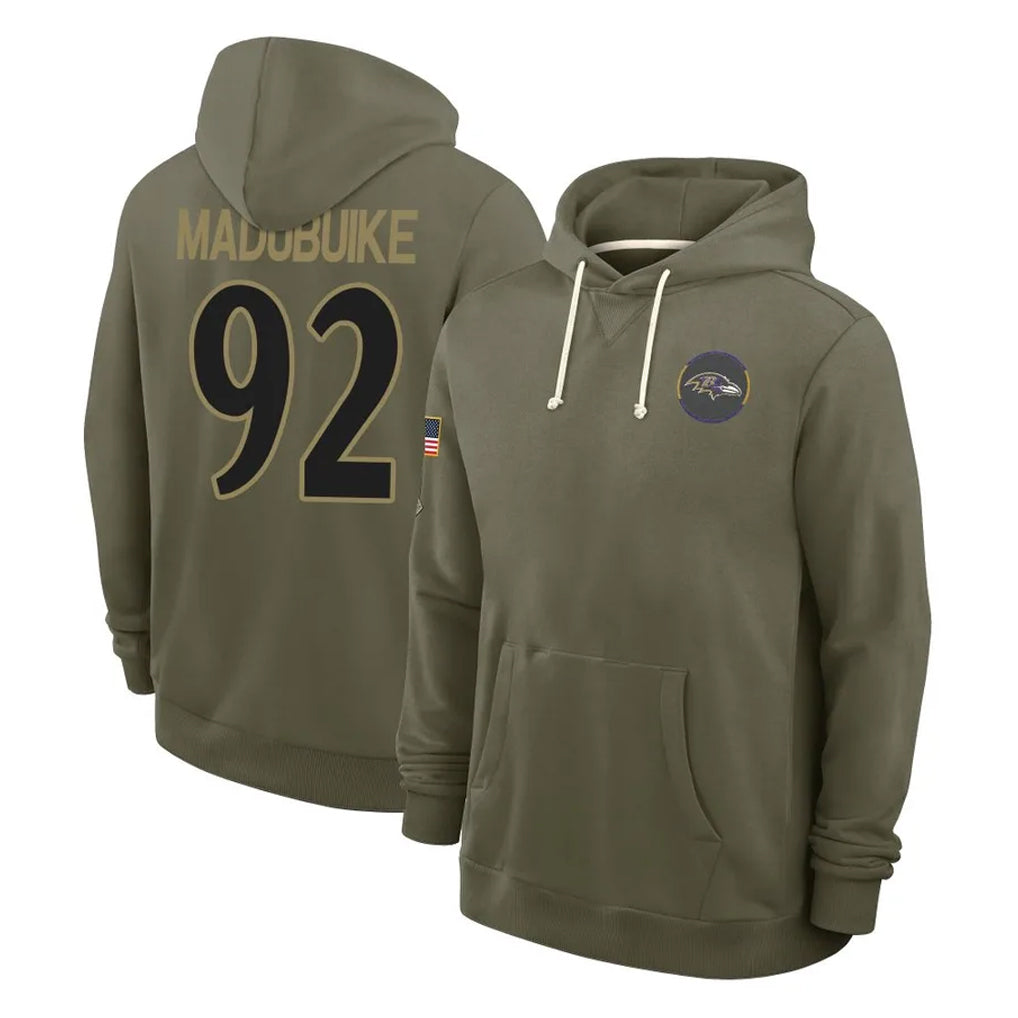 B.Ravens #92 Nnamdi Madubuike Player Olive Salute to Service Hoodie Ndoa Stitched Jerseys