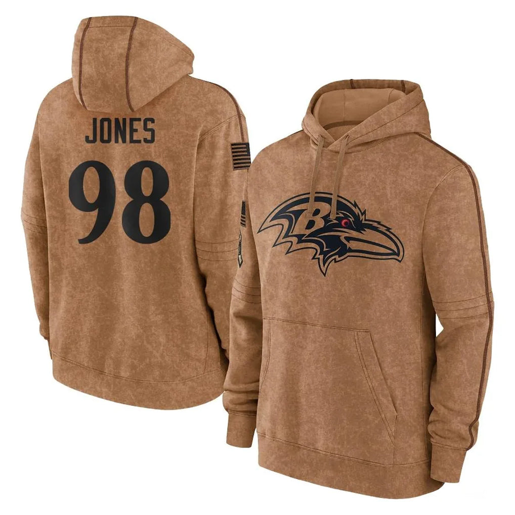 B.Ravens #98 Travis Jones Player Brown Salute to Service Pullover Hoodie Ndoa Stitched Jerseys