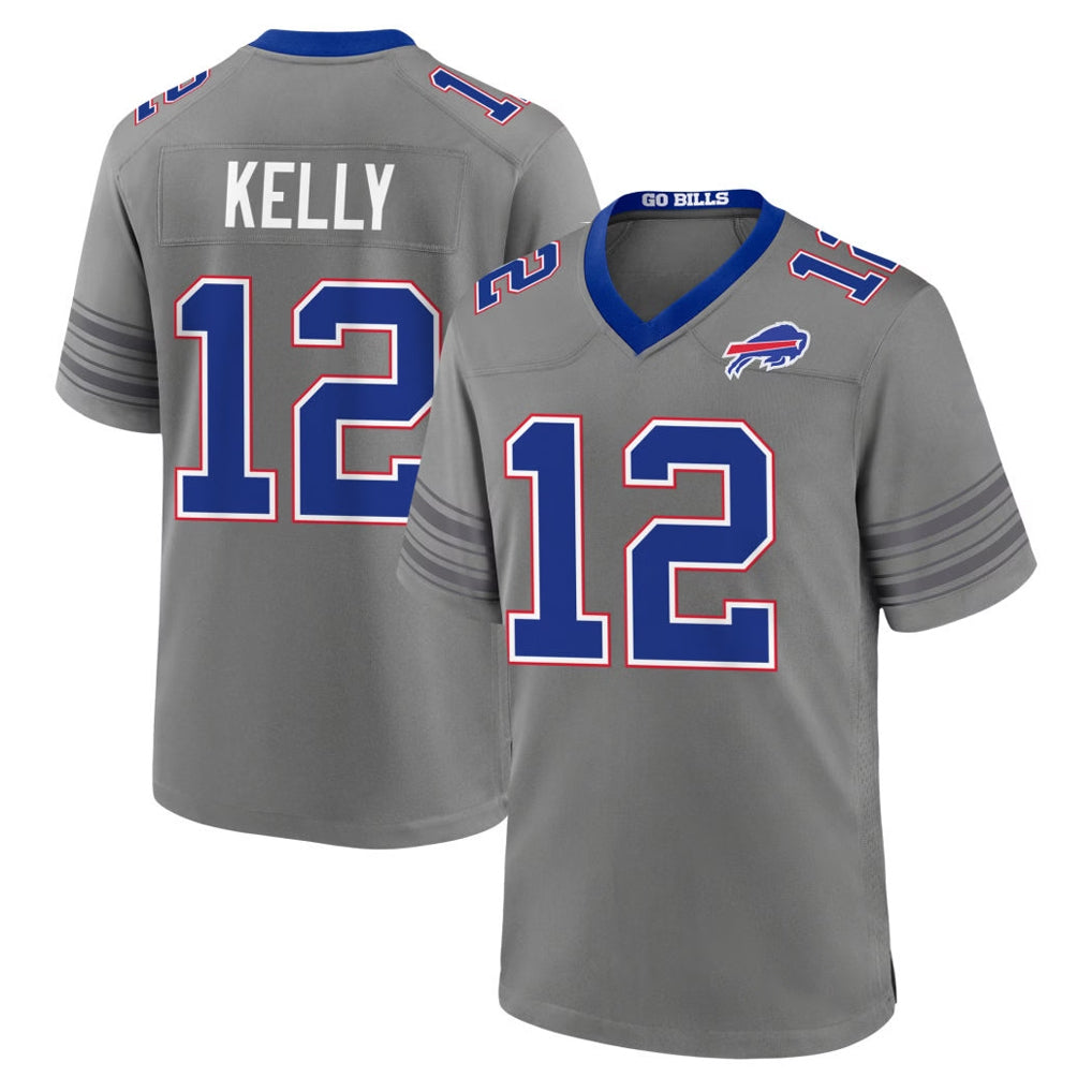 B.Bills #12 Jim Kelly Player Gray Nickel City Home Game Stitched Jerseys