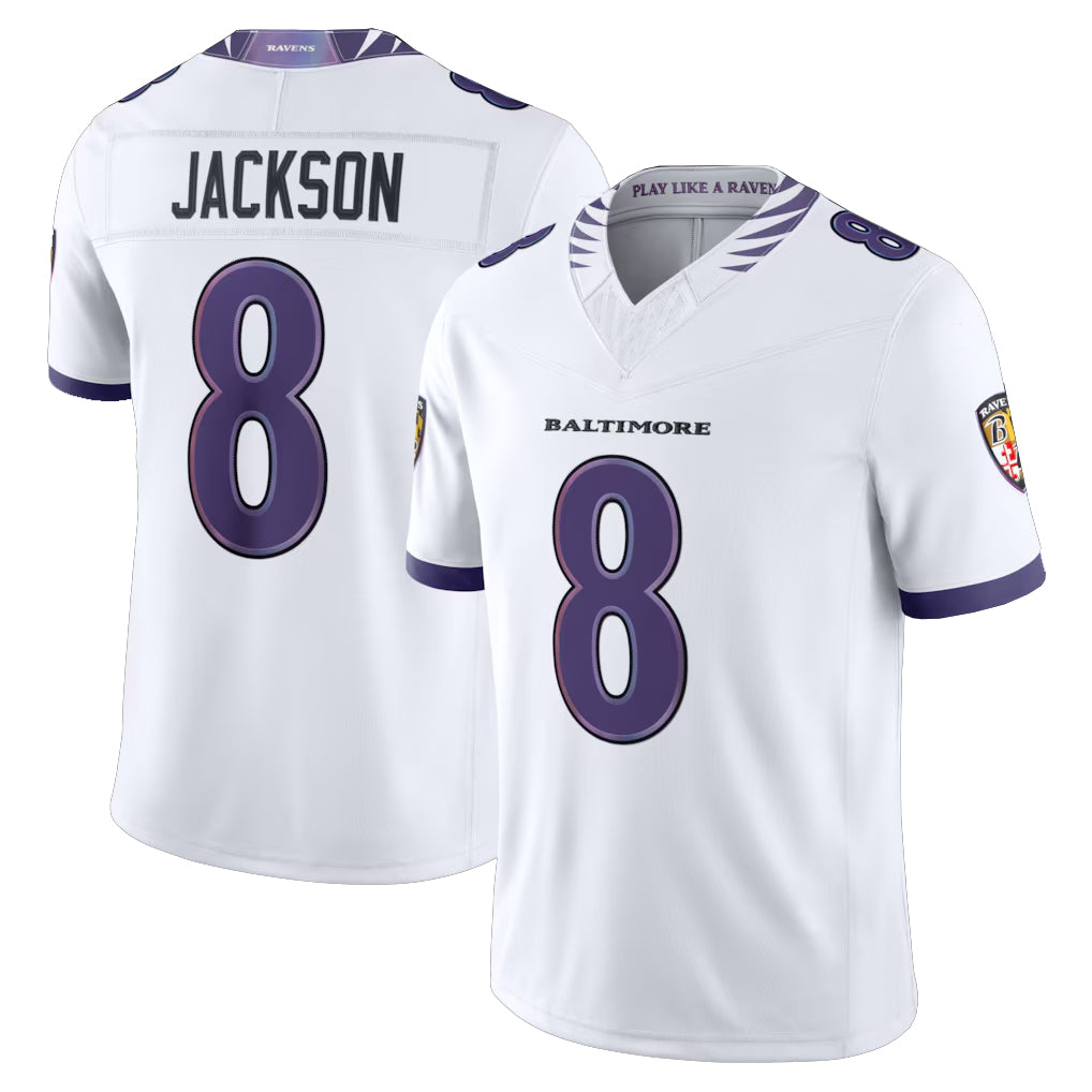 B.Ravens #8 Lamar Jackson Player White Limited Elite Home Game Ndoa Stitched Jerseys