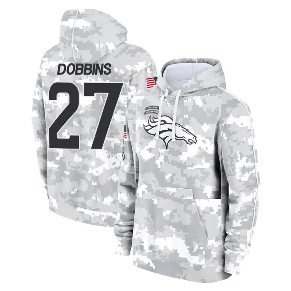 D.Broncos #27 J.K. Dobbins Player Arctic Camo Salute to Service Hoodies Limited Game Ndoa Stitched Jerseys