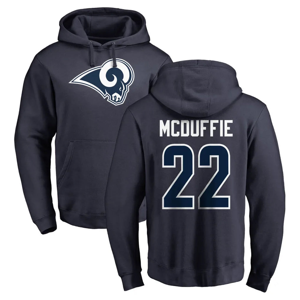 LA.Rams #22 Trent McDuffie Player Navy Pullover Hoodie Limited Game Ndoa Stitched Jerseys