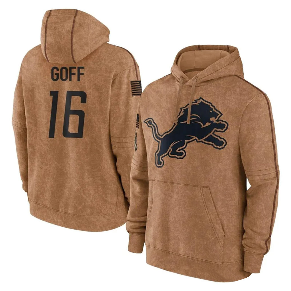 D.Lions #16 Jared Goff Player Brown Salute to Service Hoodies Limited Game Ndoa Stitched Jerseys