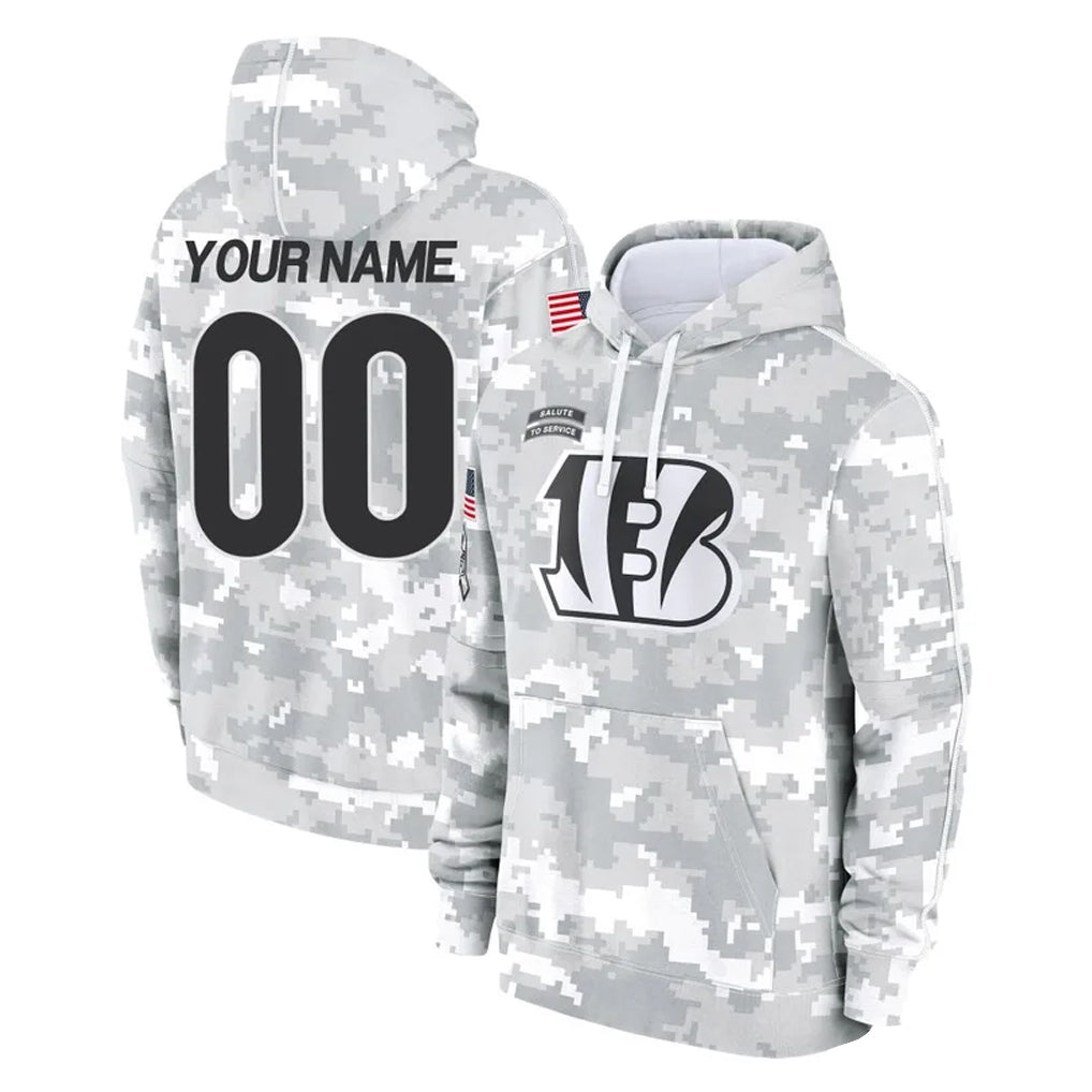 Custom C.Bengals Arctic Camo Salute to Service Pullover Hoodie Limited Any Name & Numbers Ndoa Stitched Jerseys