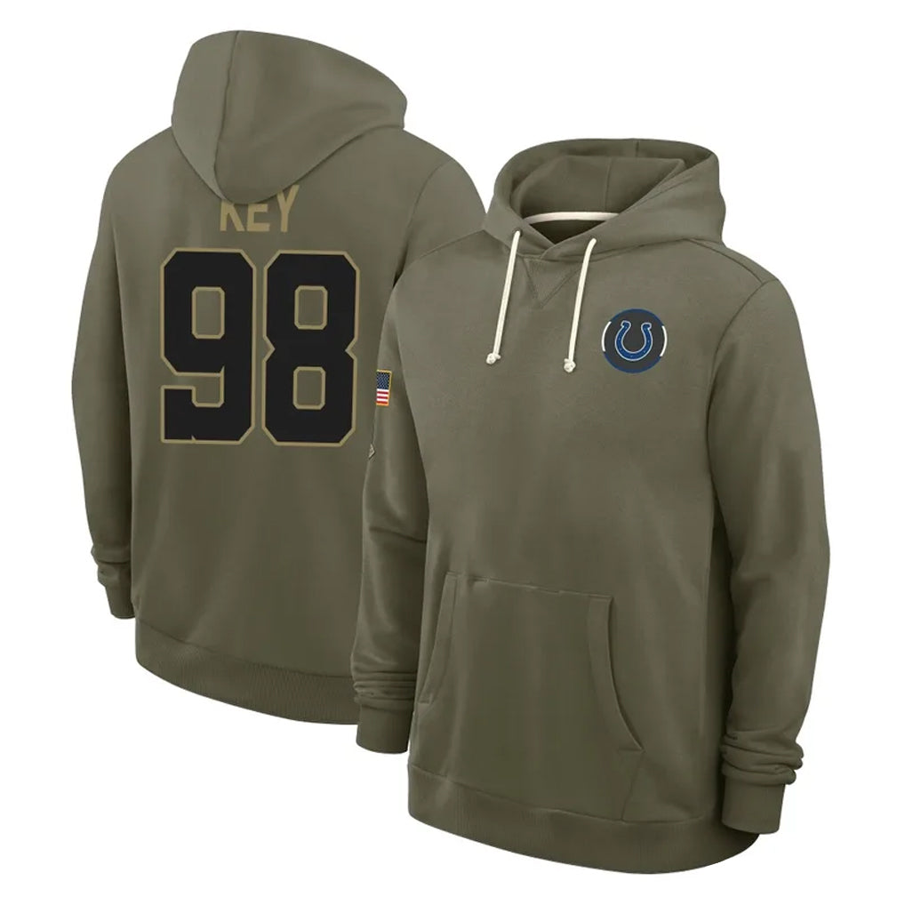 IN.Colts #98 Arden Key Player Olive Limited 2025 Salute To Service Hoodies Game Ndoa Stitched Jerseys