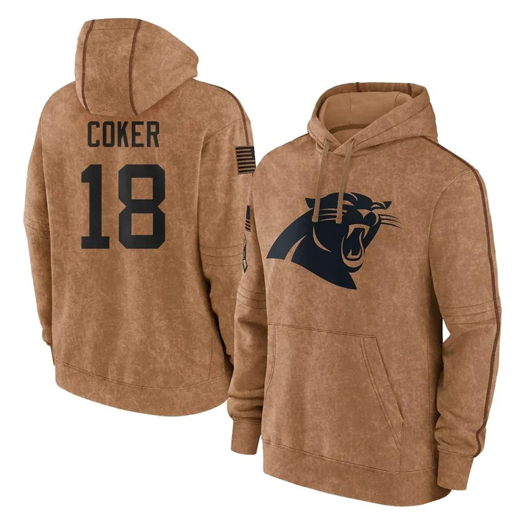 C.Panthers #18 Jalen Coker Player Brown Salute to Service Hoodies Limited Ndoa Stitched Jerseys
