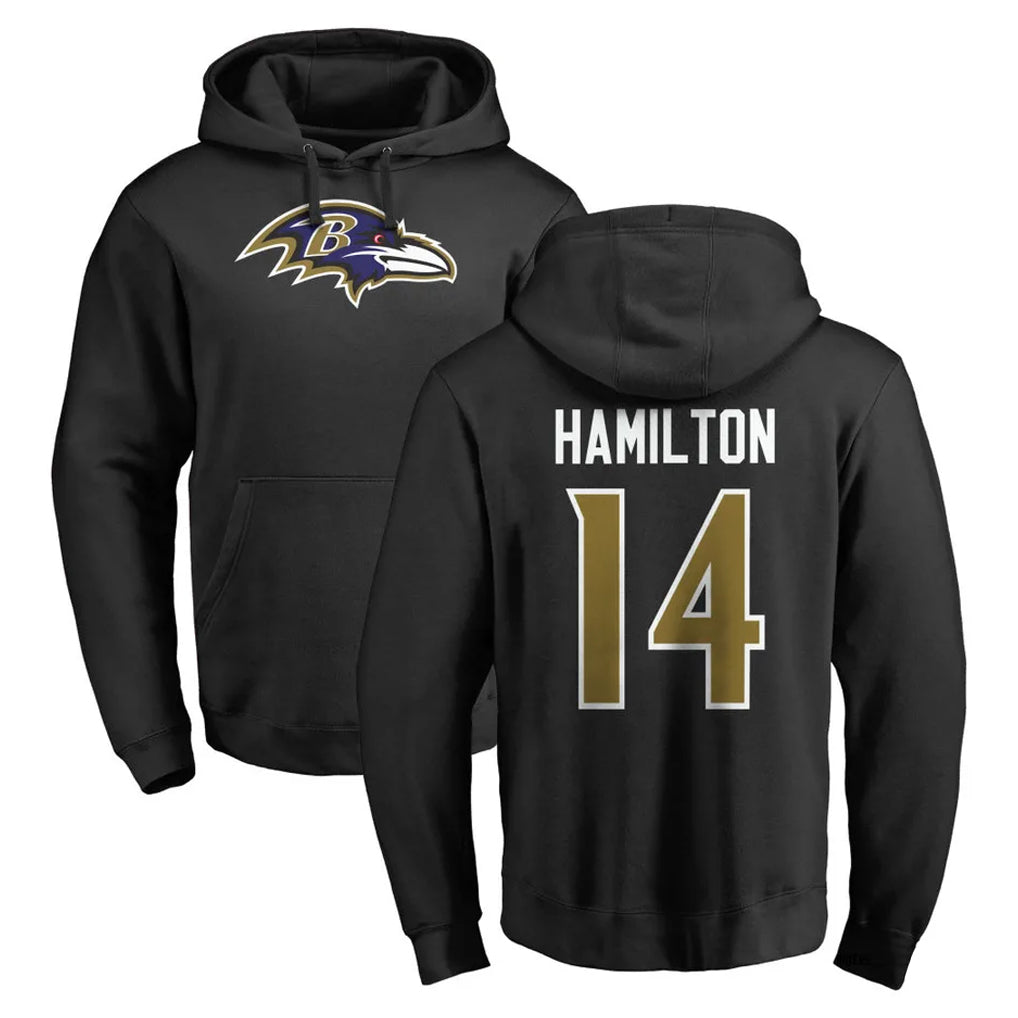 B.Ravens #14 Kyle Hamilton Player Black Pullover Hoodie Ndoa Stitched Jerseys