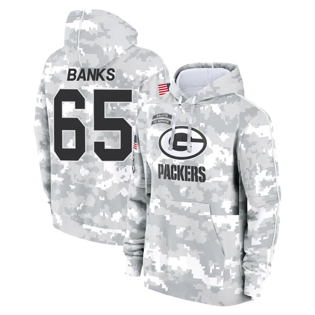 GB.Packers #65 Aaron Banks Player Arctic Camo Salute to Service Hoodies Limited Game Ndoa Stitched Jerseys